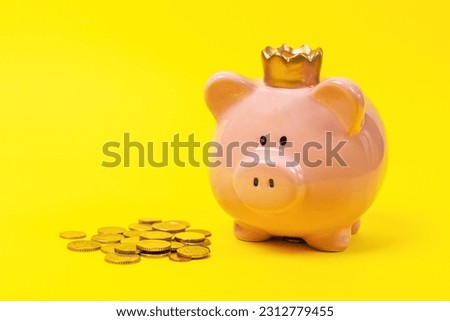 Queen piggy bank with crown next to pile of money coins. Victory, financial gain, big jackpot profit. Symbol of monarchy, cost of maintaining the royal family coronation. Financial Literacy Training