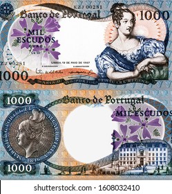 Queen Regnant Dona Maria II Of Portugal, Portrait From Portugal 1000 Escudos 1967 Banknotes.