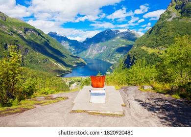 Queen Sonja Of Norway Throne At Flydalsjuvet Viewpoint At Geirangerfjord Near Geiranger Village In Norway