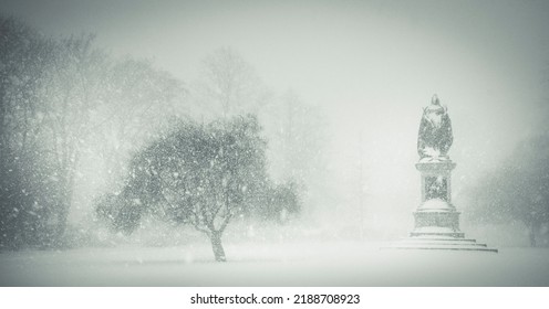 The Queen Victoria Statue Seen During The Beast From The East In Victoria Park, City Of Carlisle.