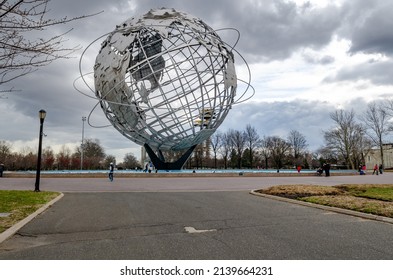 Queens, New York City, United States 28 Mar 2013: Unisphere with New York State Pavilion Observation Towers at Flushing-Meadows-Park, Queens, NYC