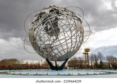 Queens, New York City, United States 28 Mar 2013: Unisphere with New York State Pavilion Observation Towers at Flushing-Meadows-Park, Queens, NYC