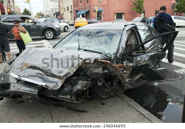 QUEENS, NEW YORK - JULY 2: Car wreck\
on Vernon Boulevard.   Taken July 2, 2014 in Queens,\
NY.