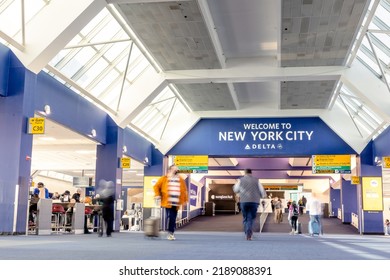 Queens, New York - March 2, 2022 : Welcome To New York City Sign At A Delta Gate In Terminal C At Laguardia Airport