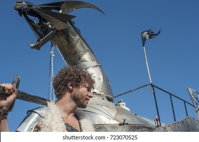 QUEENS, NEW YORK - SEPTEMBER 23, 2017:Travis Johnson, A Member Of The Toronto Based Heavy Meta Crew With The Group's Fire Breathing Dragon Art Car At The World Maker Faire. 