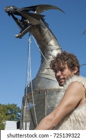 QUEENS, NEW YORK - SEPTEMBER 23, 2017:Travis Johnson, A Member Of The Toronto Based Heavy Meta Crew With The Group's Fire Breathing Dragon Art Car At The World Maker Faire.