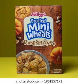 Queens, New York - United States - December 22, 2020: Images Of A Limited Edition Fall Breakfast Cereal With Pumpkin Spice Flavor. Captured On A Yellow Backdrop With A Spoon, Red Bowl, And Apple.