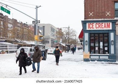 Queens, New York USA - January 29 2022: Snow Covered Street And Sidewalk During A Snowstorm In Astoria Queens New York During The Winter