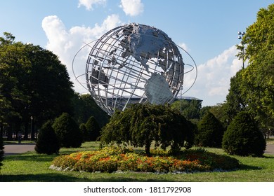 Queens, New York / USA - July 29 2020: Unisphere Globe At Flushing Meadows Corona Park During The Summer With Beautiful Flowers And Trees