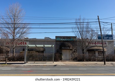 Queens, New York USA - March 7 2021: Closed Wedding And Banquet Venue With A Bus Stop Along An Empty Street In Astoria Queens New York