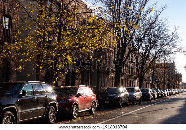 Queens, New York USA -\
November 28 2020: Street with a Row of Similar Old Residential\
Buildings with Fire Escapes in Astoria Queens New York during\
Autumn with Colorful\
Trees