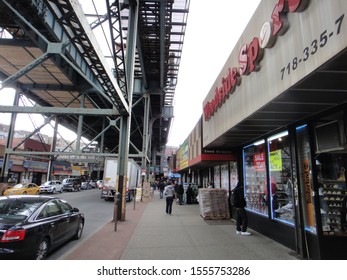 Queens, NY - March 10 2012: View Of The Sidewalk Of Roosevelt Avenue In Woodside