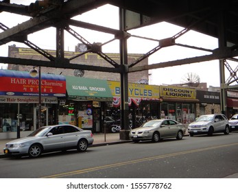 Queens, NY - March 10 2012: Storefronts Along Roosevelt Avenue In Woodside