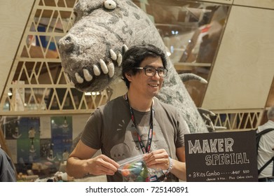 QUEENS, NY - SEPTEMBER 23, 2017:Jackie Huang Creates And Sells Kits To Make Needle Felted Creatures Called Woolbuddies At The World Maker Faire. Needle Felting Is The Craft Of Shaping Wool.