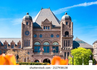 Queen's Park Building And Tulip Gardens, The Landmark Is The Seat Of The Ontario Provincial Government.