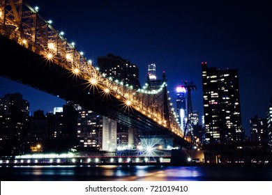 Queensboro Bridge In New York City By Night.