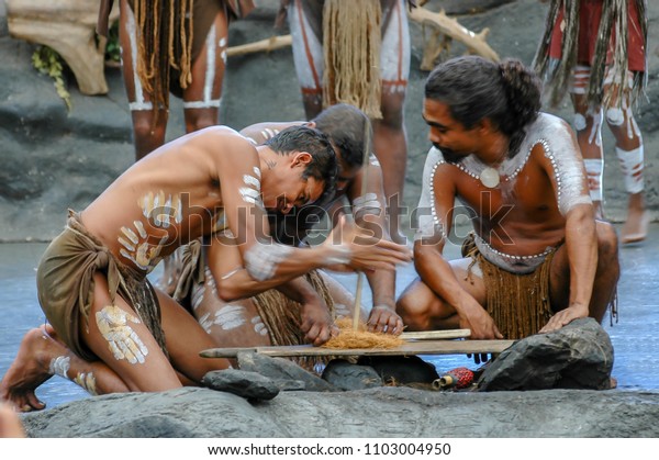 Queensland, Australia. Circa May 2005.\
Australian natives perform ancestral ritual of starting a fire in\
Cairns, eastern\
Australia.