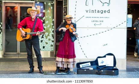 QUEENSLAND, AUSTRALIA - JUNE 1, 2018 : Street Singers In Queen Street Mall At 2:05 Pm, Brisbane City