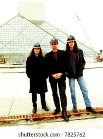 Queensryche: Michael Wilton, Geoff Tate, And Chris DeGarmo At The Rock And Roll Hall Of Fame And Museum In Cleveland, Ohio During Its Construction Phase In 1995.