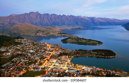 Queenstown Downtown Aerial View New Zealand At Dusk