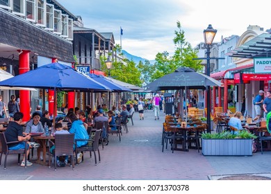 QUEENSTOWN, NEW ZEALAND, JANUARY 27, 2020: People are strolling through center of Queenstown, New Zealand