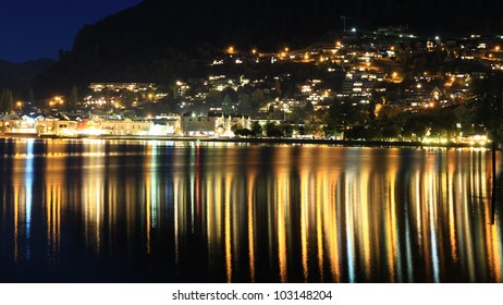 Queenstown New Zealand At The Lakefront At Night