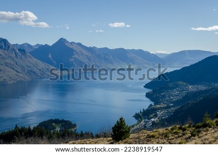 Queenstown as seen from nearby Queenstown hill with majestic Lake Wakatipu seen in background.
