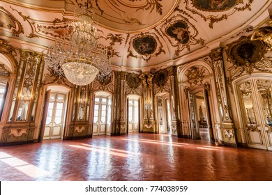 Queluz, Portugal - December 9, 2017: The Ballroom, rich decorated of Queluz Royal Palace. Formerly used as the Summer residence by the Portuguese royal family. 
