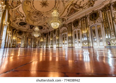 Queluz, Portugal - December 9, 2017: The Ballroom, rich decorated of Queluz Royal Palace. Formerly used as the Summer residence by the Portuguese royal family. 