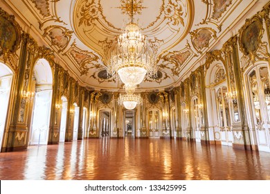 QUELUZ - PORTUGAL - JULY 4 - The Ballroom of Queluz National Palace on July 4 2012. Despite being far smaller, the palace is often referred to as the Portuguese Versailles