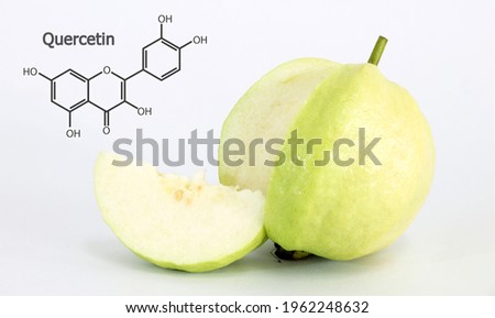 Quercetin ( flavonoid) molecule. Structural chemical formula with guava isolated on white background.