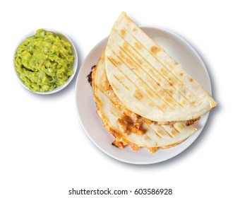 Quesadilla With Guacamole Sauce On White Isolated Background