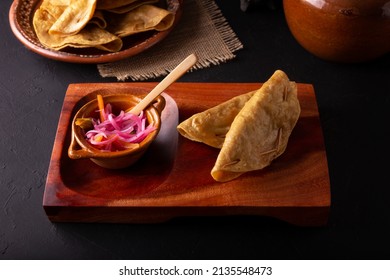 Quesadillas Doradas. Fried Quesadillas Made With Corn Tortillas, They Can Be Filled With Any Dish Or Ingredient, Such As Meat, Potato Or Fish Such As Marlin Or Tuna, Popular During The Lenten Season.