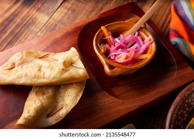 Quesadillas Doradas. Fried Quesadillas Made With Corn Tortillas, They Can Be Filled With Any Dish Or Ingredient, Such As Meat, Potato Or Fish Such As Marlin Or Tuna, Popular During The Lenten Season.