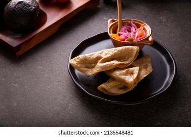 Quesadillas Doradas. Fried Quesadillas Made With Corn Tortillas, They Can Be Filled With Any Dish Or Ingredient, Such As Meat, Potato Or Fish Such As Marlin Or Tuna, Popular During The Lenten Season.