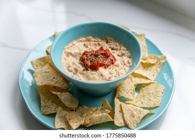 Queso Cheese Dip Topped With Salsa