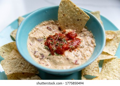 Queso Cheese Dip Topped With Salsa