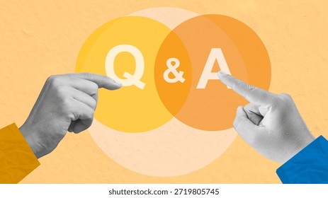 Question and answer concept. Two hands, one pointing at a circle with 