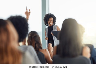 Question, black woman and smile in seminar, speaker and audience in event, training and presentation in boardroom. Workshop, happy and advise for business in conference, entrepreneur and masterclass