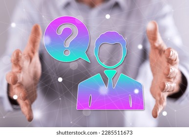Question concept between hands of a man in background