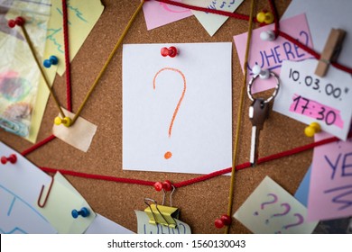 Question Concept. Close-up View Of A Detective Board With Evidence. In The Center Is A White Sheet Attached With A Red Pin With The Question Symbol.