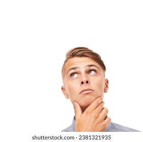 Question, doubt and thinking with man, looking up and problem solving isolated on a white studio background. Person, guy and model with planning, brainstorming or opportunity with decision and choice