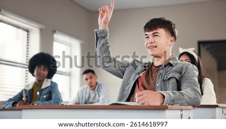 Question, hands up and student in classroom with answer for lesson, learning and education. University, school and people listening with gesture for asking, feedback and knowledge for assessment