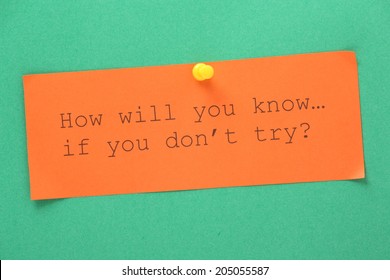 The Question How Will You Know If You Don't Try Typed On A Piece Of Orange Paper And Pinned To A Contrasting Green Background