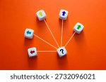 Question mark dice central to multiple choices, selecting a future direction