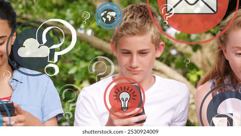 Question mark and digital icons against group of diverse students using smartphone. global networking and education technology concept - Powered by Shutterstock - Get 15% off with code: PIKWIZARD15