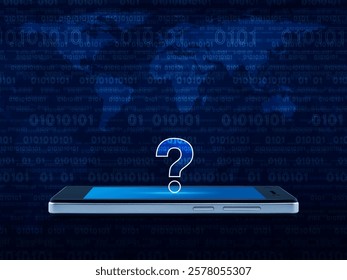 Question mark flat icon on modern smart mobile phone screen over world map and computer binary code blue background, Business customer support online concept, Elements of this image furnished by NASA