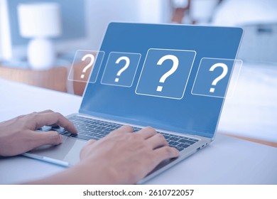 Question mark icon, query answer, challenge quiz, concept of business faq, solving problem, creative brainstorm. problem think the solution. Question mark on laptop