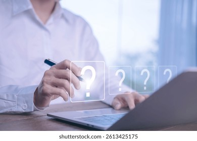 Question mark icon, query answer, challenge quiz, concept of business faq, solving problem, creative brainstorm. problem think the solution. Question mark on laptop