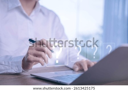 Question mark icon, query answer, challenge quiz, concept of business faq, solving problem, creative brainstorm. problem think the solution. Question mark on laptop